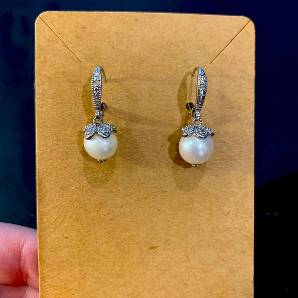 Sterling Silver, Cultured Fresh Water Pearl and Diamond Earrings